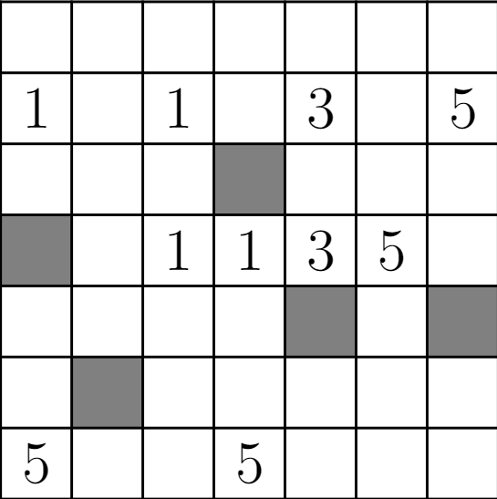 USAMTS 3/1/35 grid of shaded and unshaded cells, with some numbers provided